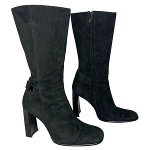 Gucci Black Suede Mid-Calf Boot Size 37.5 C US 7.5 C Block Heel Shoes Square Toe